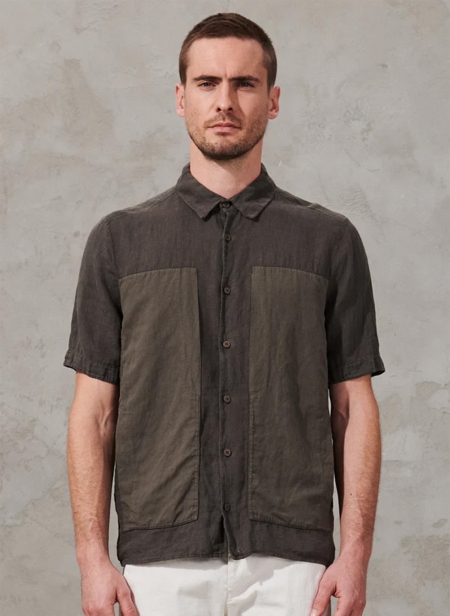 Short-sleeved linen shirt with linen-cotton twill inserts