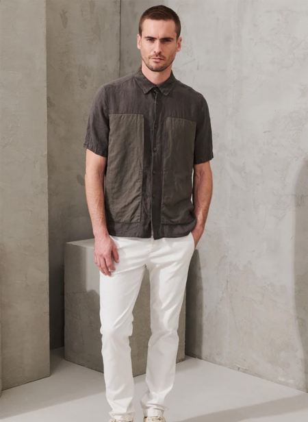 Short-sleeved linen shirt with linen-cotton twill inserts