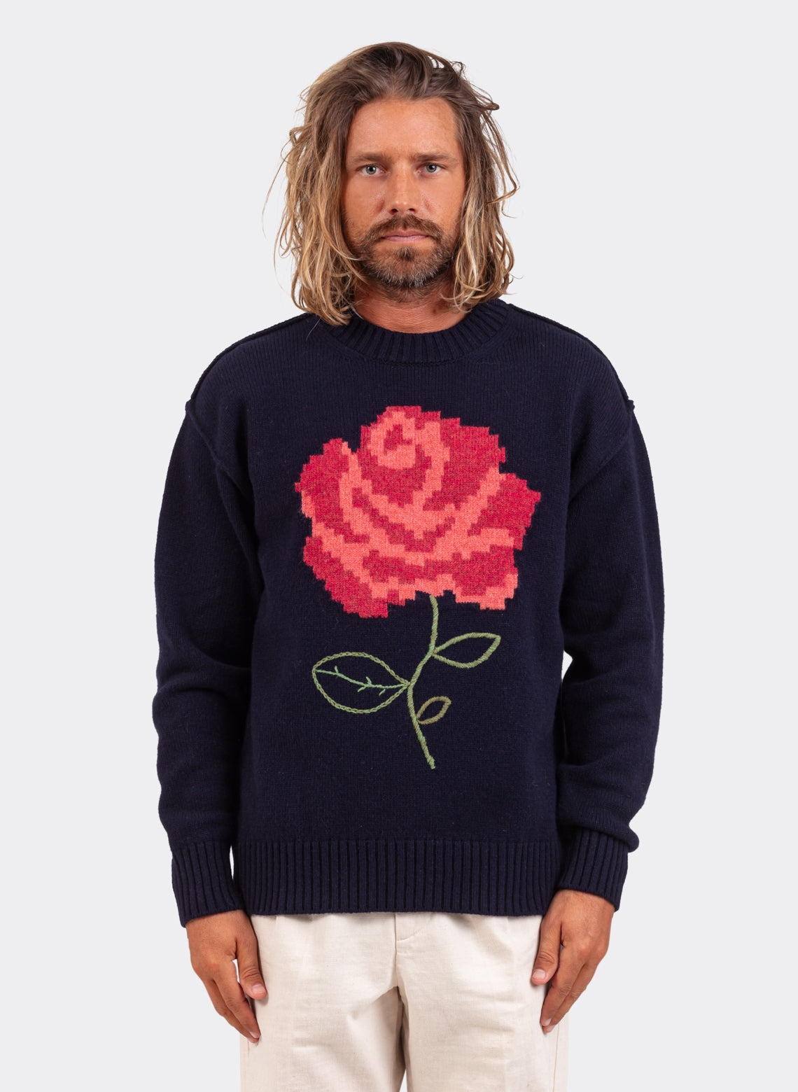 Pull Col Rond Laine Shetland Intarsia Navy