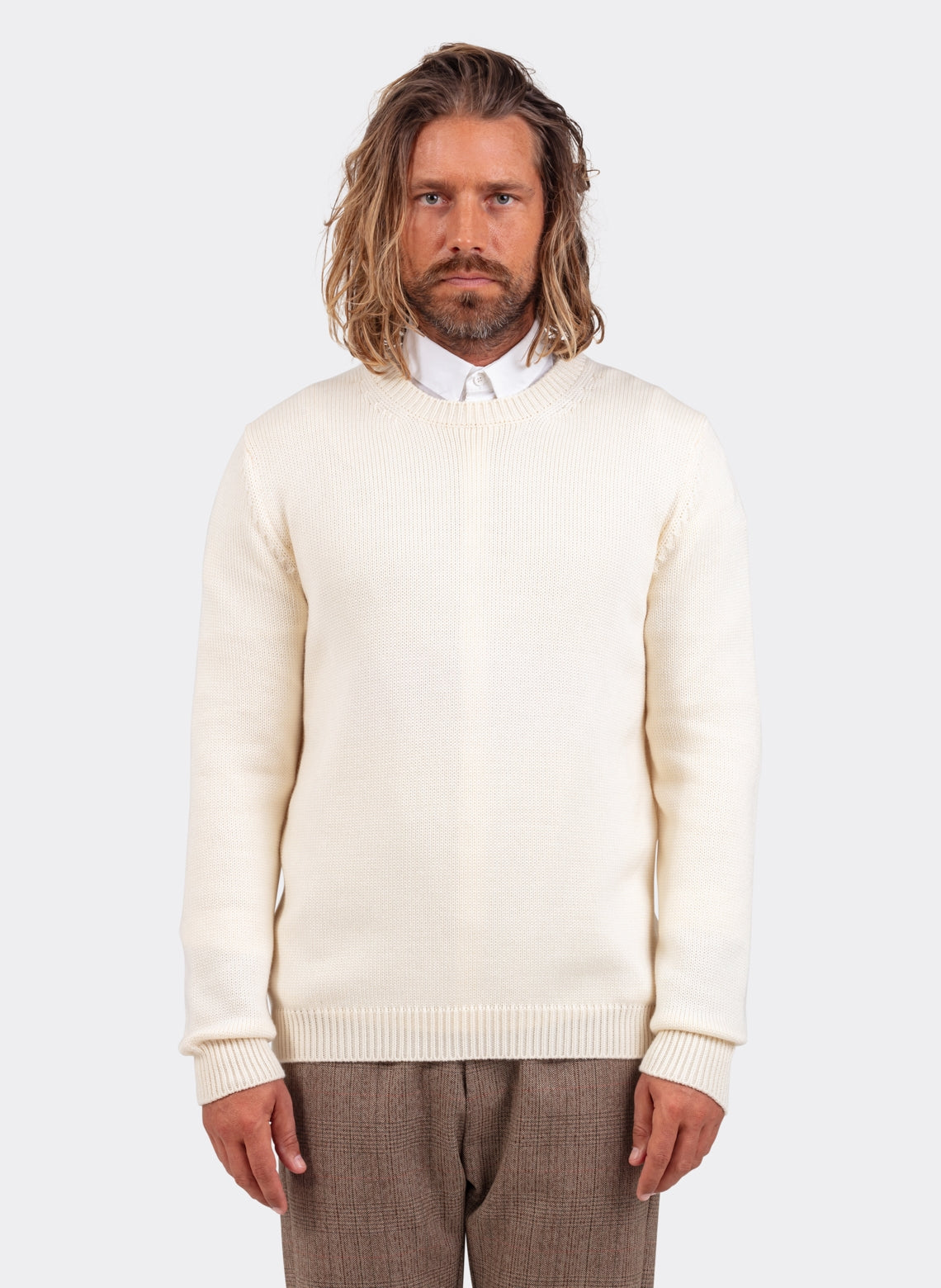 Merino Wool Round Neck Sweater Ecru