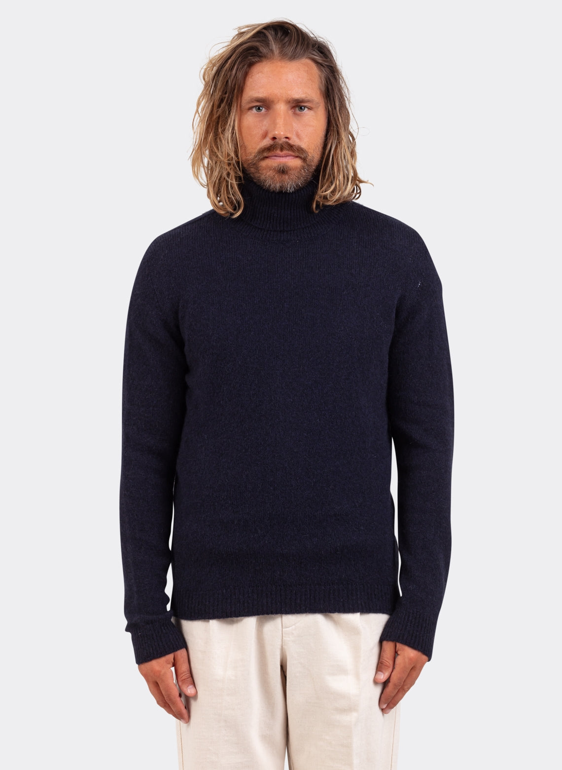 Pull Col Roule Baby Camel en Navy